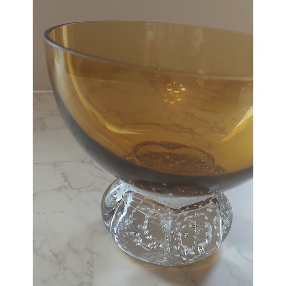 Vintage Bubble Base Small Amber Blown Glass Dessert Bowl Carl Erickson? 4.5" - Picture 4 of 5